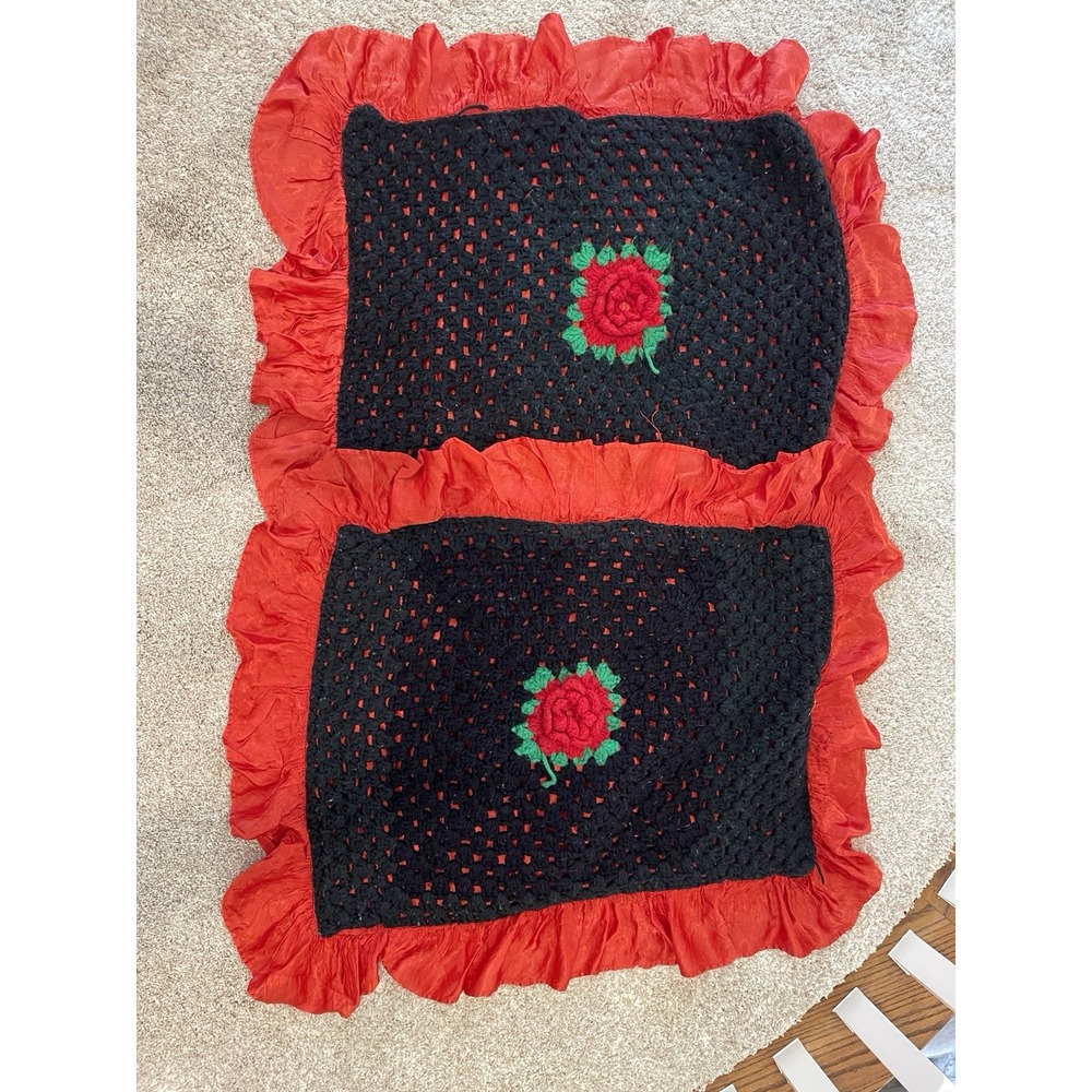 Vintage Handmade Granny Square Crochet 3D Rose Satin Pillow Shams Set of 2